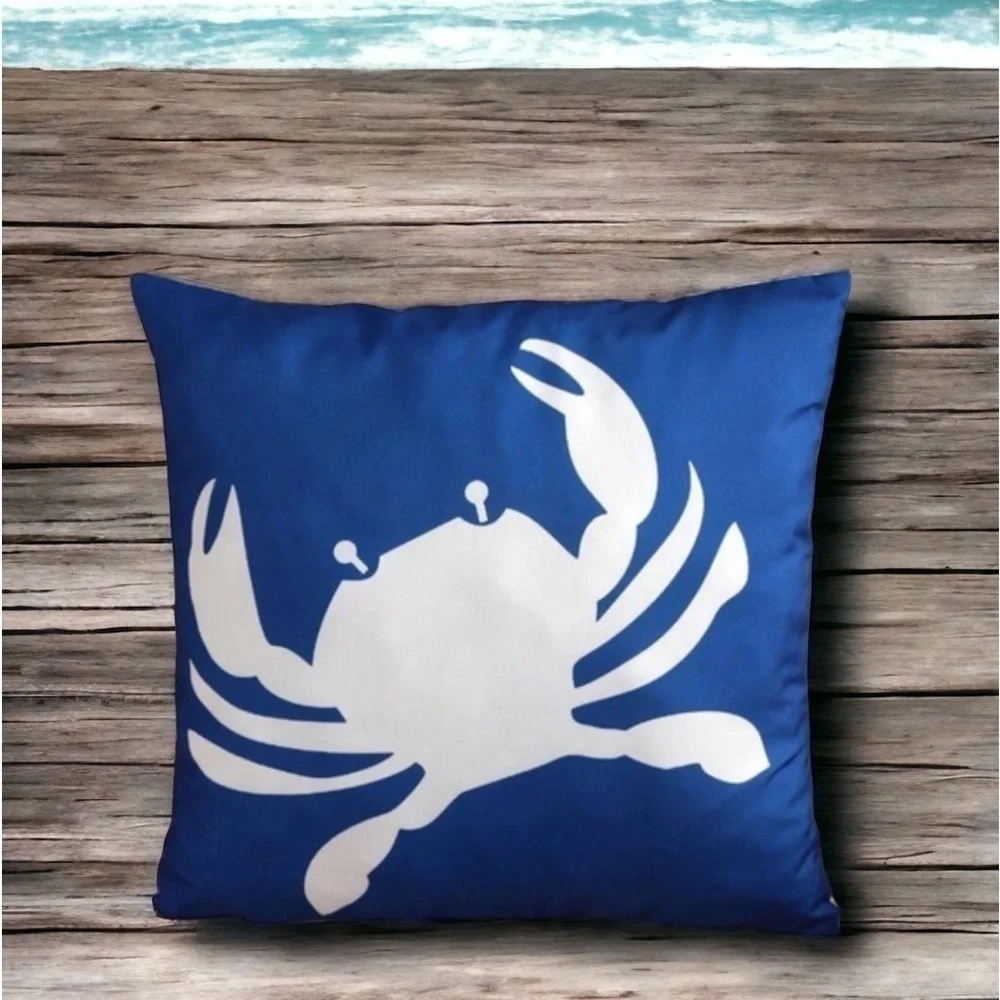 Coastal Nautical Crab Pillow Cover Graphic 17.7 in Square Classic Blue White